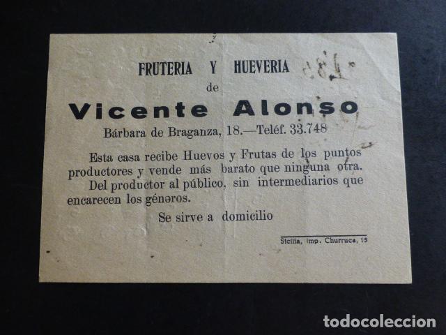 Documentos antigos: VICENTE ALONSO MADRID FRUTERIA Y HUEVERIA CHUECA CHAMBER&Iacute; PUBLICIDAD DE MANO A&Ntilde;OS 20 15,5 X 11 CTMS