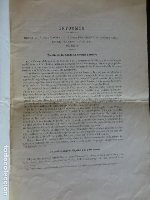Documenti antichi: INFORME SOBRE HACHA DE PIEDRA ENCONTRADA EN DIMA VIZCAYA 1910