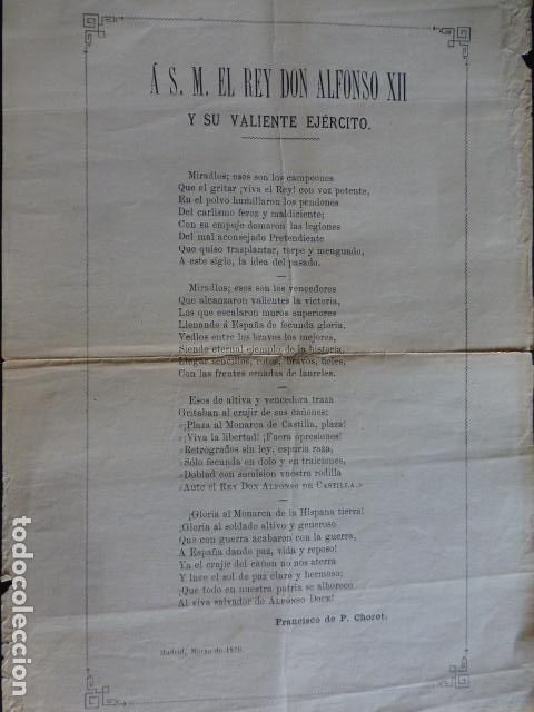 Documentos antigos: ODA A ALFONSO XII Y SU VALIENTE EJERCITO POR FRANCISCO DE P. CHOROT 1876 29 X 18 CTMS