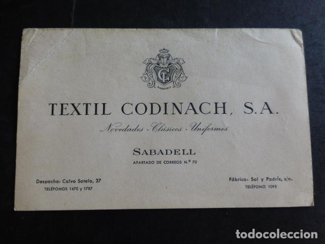 Documents Anciens: SABADELL BARCELONA TEXTIL CODINACH S. A. UNIFORMES TARJETA PUBLICITARIA