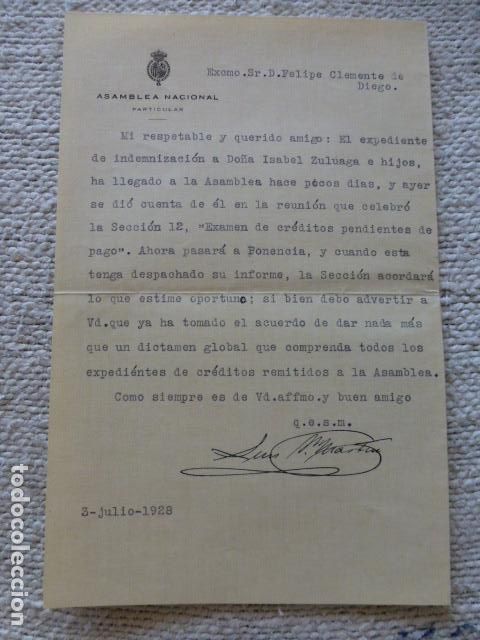 Documentos antiguos: CARTA 1928 ASAMBLEA NACIONAL ESCRITA A FELIPE CLEMENTE DE DIEGO