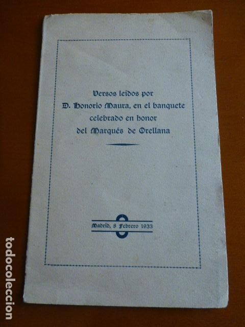 Documenti antichi: MADRID 1933 VERSOS DE HONORIO MAUREA EN HONOR DEL MARQUES DE ORELLANA