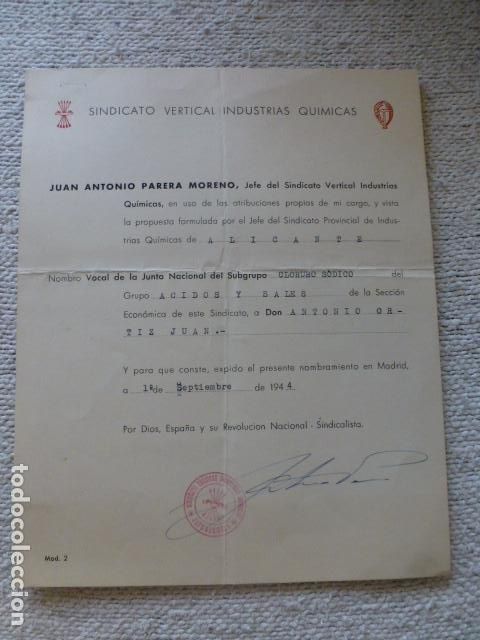 Documentos antigos: ALICANTE SINDICATO VERTICAL INDUSTRIAS QUIMICAS NOMBRAMIENTO VOCAL GRUPO ACIDOS Y SALES A&Ntilde;O 1944