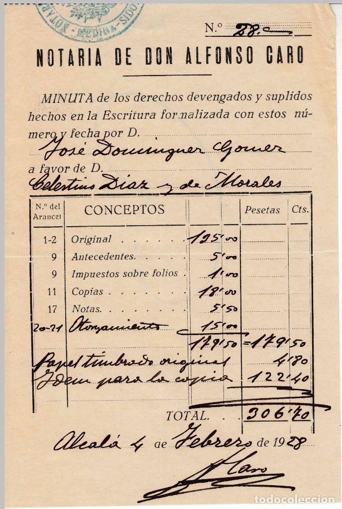 Old Documents: 1928 MEDINA SIDONIA (CADIZ) FACTURA DE LA NOTARIA DE AALFONSO CARO