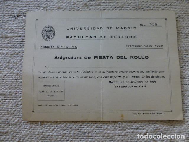 Documentos antigos: UNIVERSIDAD DE MADRID FACULTAD DE DERECHO SEU SINDICATO ESPA&Ntilde;OL UNIVERSITARIO INVITACION FIESTA 1949