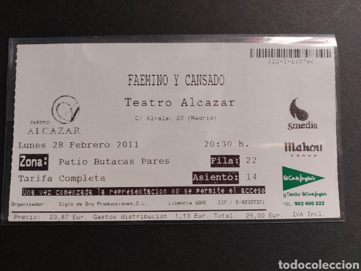 Documentos antiguos: ENTRADA TICKET FAEMINO Y CANSADO TEATRO ALCAZAR MADRID 2011