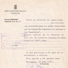 Documentos antiguos: SUBVENCIÓN PARA EXPOSICIÓN FILATÉLICA EN HOMENAJE A LOS CASTELLERS - 1967 / DIPUTACIÓN TARRAGONA. Lote 346627973