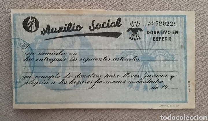 Documentos antiguos: Auxilio Social. Donativo en especie. - Foto 2