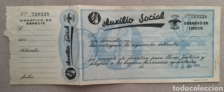 Documentos antiguos: Auxilio Social. Donativo en especie. - Foto 1