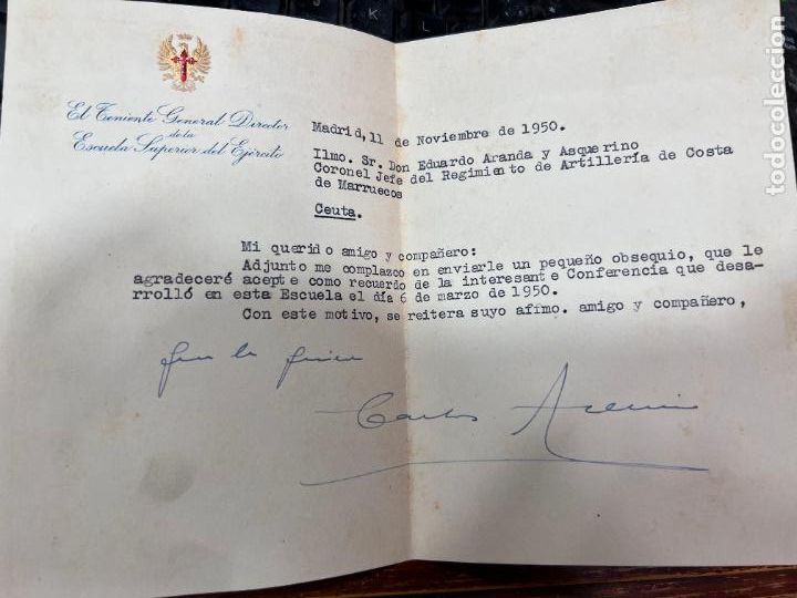 Documents Anciens: CARTA ESCUELA SUPERIOR DEL EJERCITO - EL TENIENTE GENERAL DIRECTOR - NOVIEMBRE A&Ntilde;O 1950