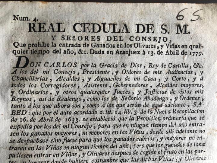 Documentos antiguos: REAL CEDULA DE S.M. A&Ntilde;O 1779. Que prohibe la entrada de ganados en los Olivares y Vi&ntilde;as...