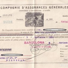 Documentos antiguos: RECIBO DE LA COMPAGNIE D'ASSURANCES GÉNÉRALES / BARCELONA, 1924 - DOMICILIO, FIGUERAS. Lote 349481879