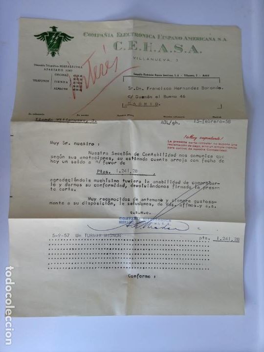 Documenti antichi: CEHASA - COMPA&Ntilde;IA ELECTRONICA HISPANO AMERICANA - HOJA INFORMATIVA - A&Ntilde;O 1958