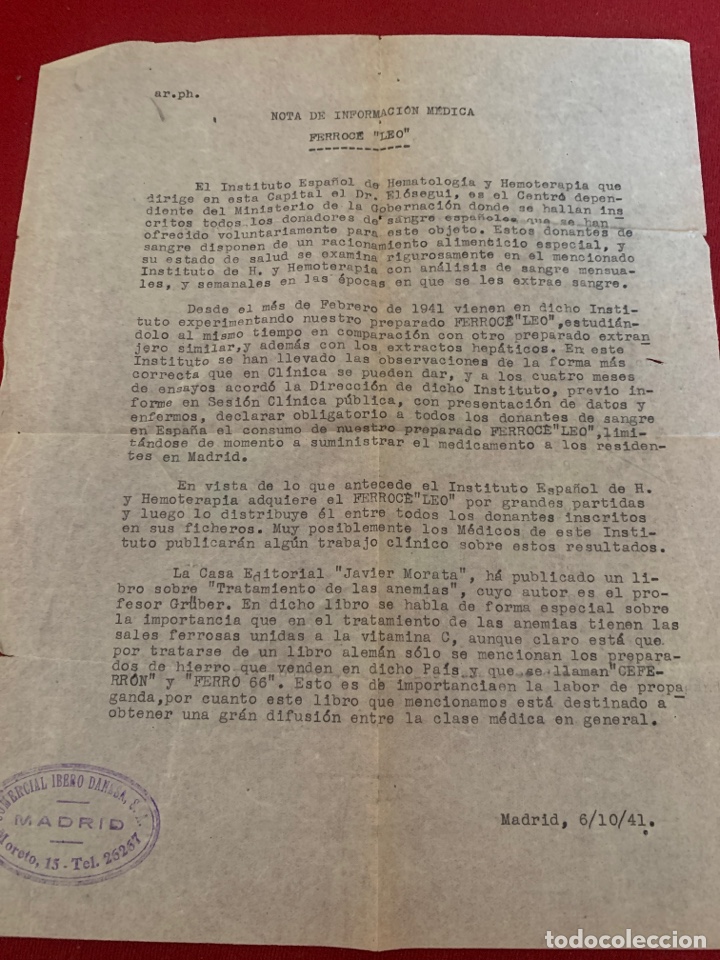 Documentos antiguos: Nota de informaci&oacute;n m&eacute;dica FERROCE &ldquo;LEO&rdquo;. 6/10/1941.