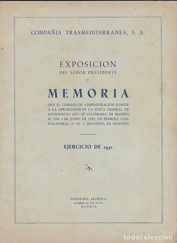 Documentos antiguos: MEMORIA EJERCICIO 1951 COMPA&Ntilde;IA TRASATLANTICA - Foto 1