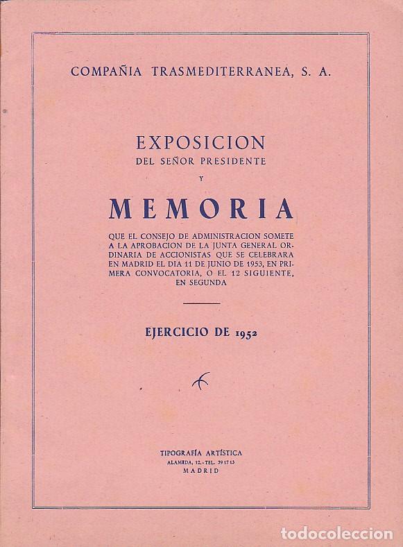 Documentos antiguos: MEMORIA EJERCICIO 1952 COMPA&Ntilde;IA TRASATLANTICA - Foto 1