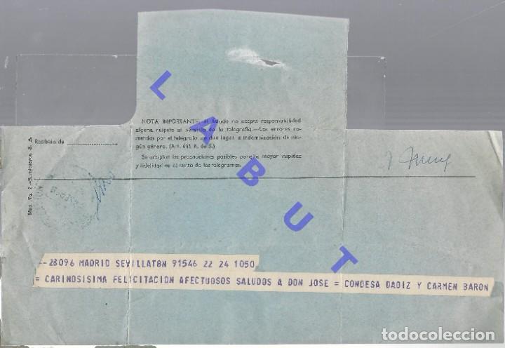 Documentos antiguos: CONDESA DAOIZ Y CARMEN BARON A MERCEDES DIAZ TELEGRAMA MADRID A SEVILLA F83