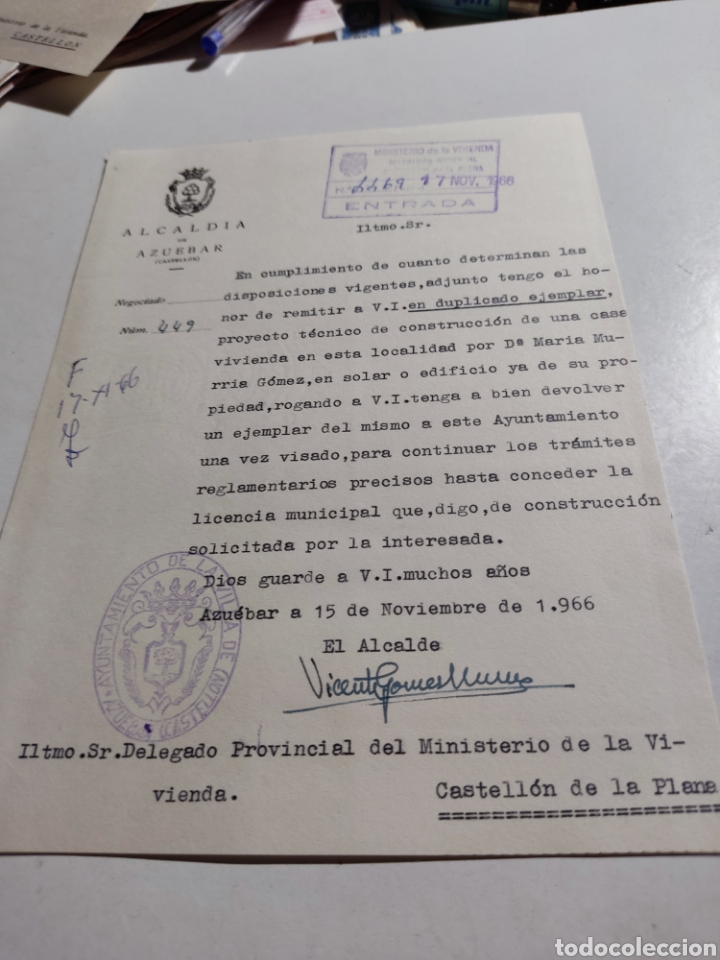 Papel alcald&iacute;a de Azuebar 1966