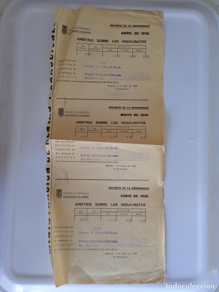 Documenti antichi: REPUBLICA ESPA&Ntilde;OLA - AYUNTAMIENTO DE MADRID - ARBITRIO SOBRE LOS INQUILINATOS - 3 RECIBOS A&Ntilde;O 1936