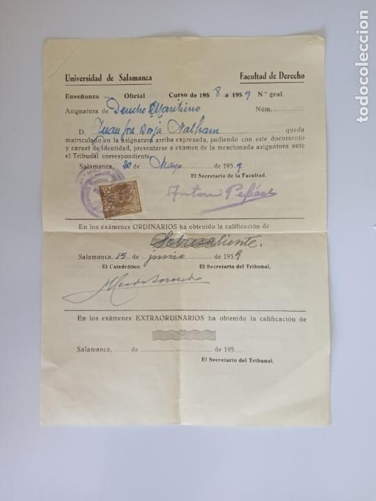 Documenti antichi: UNIVERSIDAD DE SALAMANCA - FACULTAD DE DERECHO - CALIFICACION A&Ntilde;O 1959