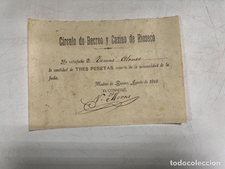 Documentos antigos: MEDINA DE RIOSECO, 1913. CIRCULO DE RECREO Y CASINO DE RIOSECO. RECIBO MENSUALIDAD
