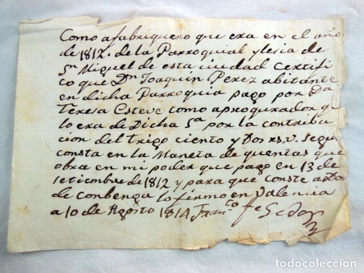 Documentos antiguos: RECIBO POR LA CONTRIBUCI&Oacute;N DEL TRIGO, PARROQUIAL IGLESIA DE SAN MIGUEL, VALENCIA 1814
