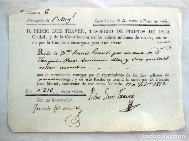 Documentos antiguos: RECIBO POR LA CONTRIBUCI&Oacute;N DE LOS VEINTE MILLONES DE REALES, PARROQUIA SAN MIGUEL, VALENCIA 1812