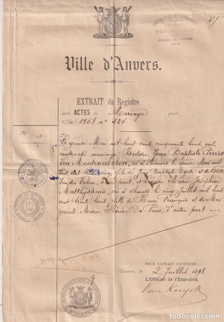 Documentos antiguos: Anvers (Amberes) Certificado de Matrimonio, de 1898 - Foto 1