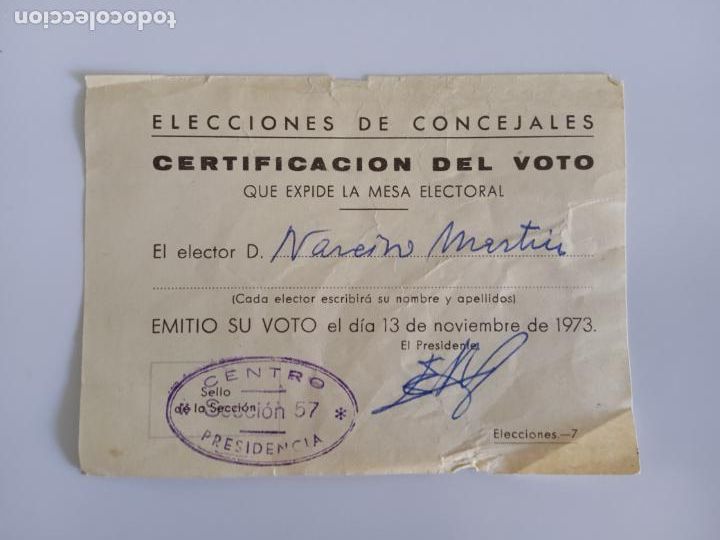 Documenti antichi: CERTIFICADO DEL VOTO - A&Ntilde;O 1973