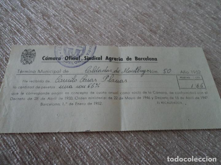 Documentos antiguos: pago de cuota a la camara oficial sindical agraria de barcelona, caldas de montbuy 1952