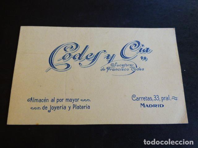 Alte Dokumente: MADRID TARJETA PUBLICITARIA ALMACEN AL POR MAYOR DE JOYERIA Y PLATERIA CODES Y CIA CALLE CARRETAS