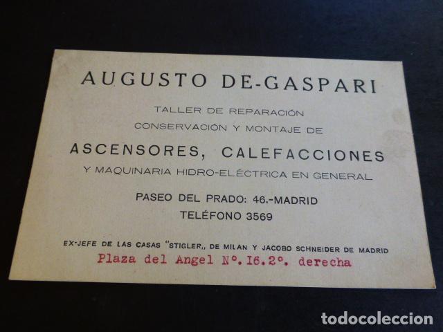Documentos antigos: MADRID TARJETA PUBLICITARIA TALLER REPARACION ASCENSORES CALEFACCION AUGUSTO DE GASPARI PASEO PRADO