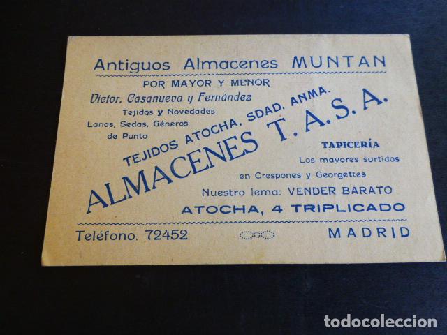 Documents Anciens: MADRID TARJETA PUBLICITARIA ALMACEN DE NOVEDADES T.A.S.A. CALLE ATOCHA 4