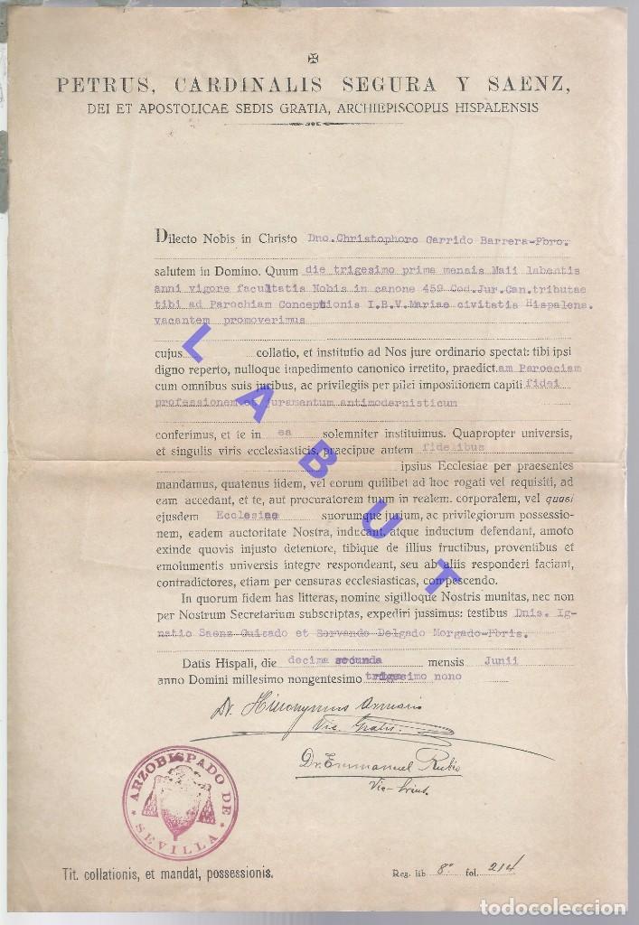 Documentos antiguos: 1939 NOMBRAMIENTO PARROCO INMACULADA CONCEPCION SEVILLA LATIN A CRISTOBAL GARRIDO BARRERA H22