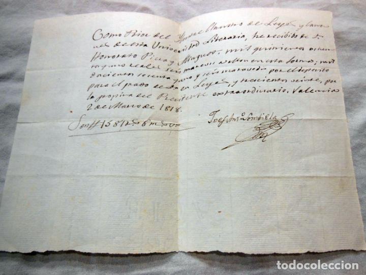 Documenti antichi: RECIBO POR EL GRADO DE DOCTOR EN LEYES 1818, VALENCIA. Con propina al Presidente.
