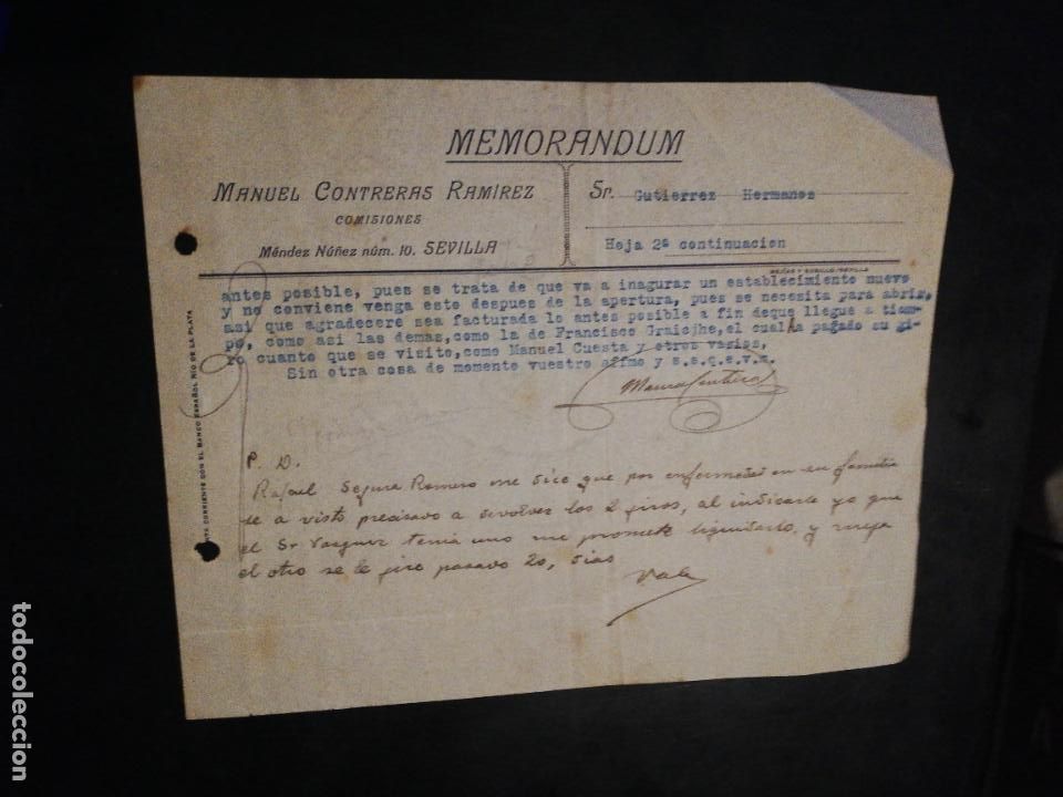 Documentos antigos: MEMORANDUM. MANUEL CONTRERAS RAMIREZ. SEVILLA. 1929.