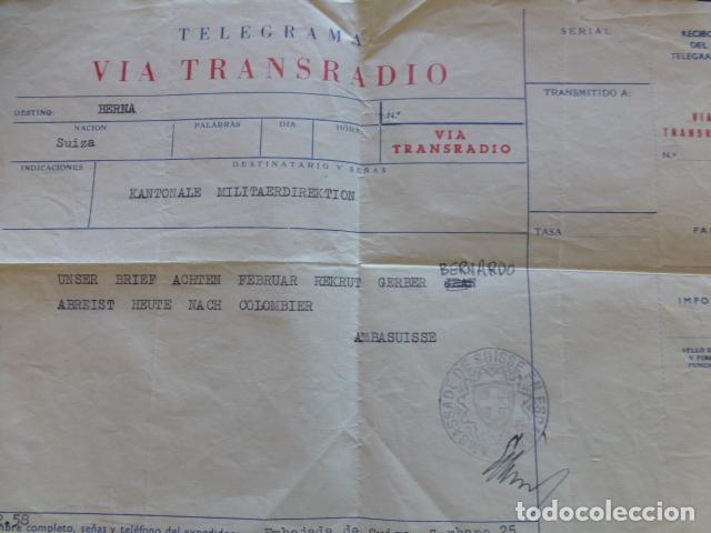Documentos antiguos: TELEGRAMA VIA TRANSRADIO MADRID BERNA EMBAJADA DE SUIZA EN ESPA&Ntilde;A 1958