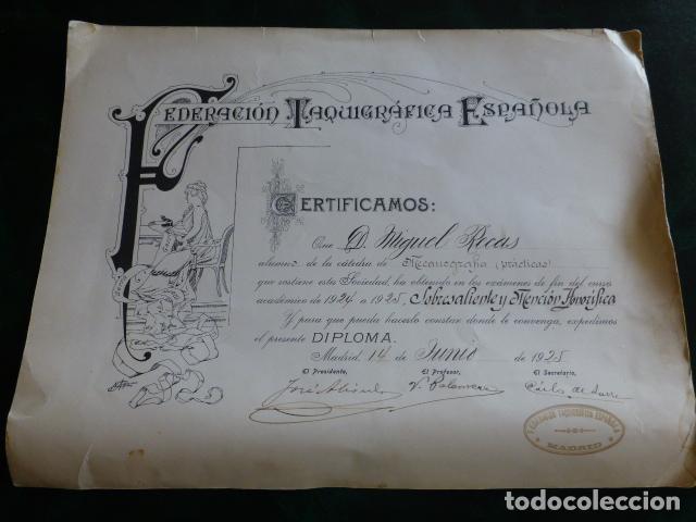 Documenti antichi: FEDERACION TAQUIGRAFICA ESPA&Ntilde;OLA DIPLOMA 1925 MADRID CON MOTIVO MODERNISTA