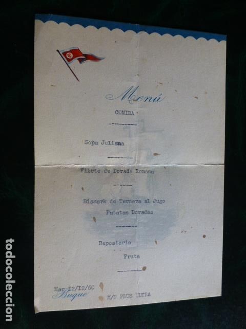 Documentos antiguos: MENU COMPA&Ntilde;IA TRASMEDITERRANEA 1960 BUQUE PLUS ULTRA - Foto 1