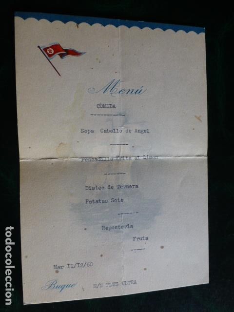 Documentos antiguos: MENU COMPA&Ntilde;IA TRASMEDITERRANEA 1960 BUQUE PLUS ULTRA - Foto 1