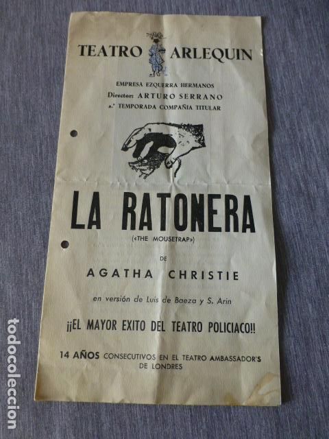 Documentos antiguos: TEATRO ARLEQUIN PROGRAMA LA RATONERA DE AGATHA CHRISTIE - Foto 1