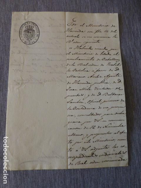 Documentos antiguos: MURCIA 1855 NOTIFICACION NOMBRAMIENTO CABALLERO DE LA REAL ORDEN DE ISABEL LA CATOLICA