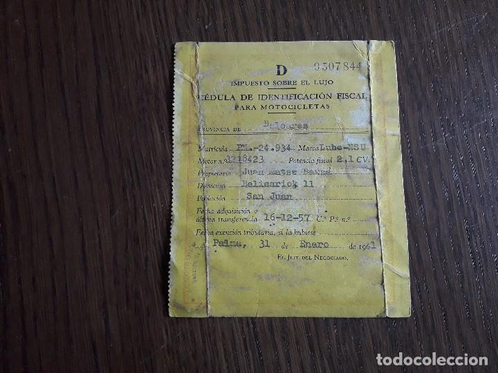 Documentos antiguos: c&eacute;dula de identificaci&oacute;n fiscal para motocicletas, impuesto sobre el lujo, moto Lube, a&ntilde;o 1961