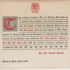 Documentos antiguos: ARENYS DE MAR - JULIO 1945 - INVITACIÓN SOLEMNE PROCESIÓN EN HONOR A SAN ZENÓN - 175X125MM.