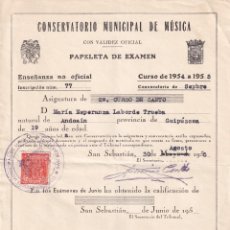 Documentos antiguos: PAPELETA DE EXAMEN CONSERVATORIO DE MUSICA SAN SEBASTIÁN 1955. Lote 362724555