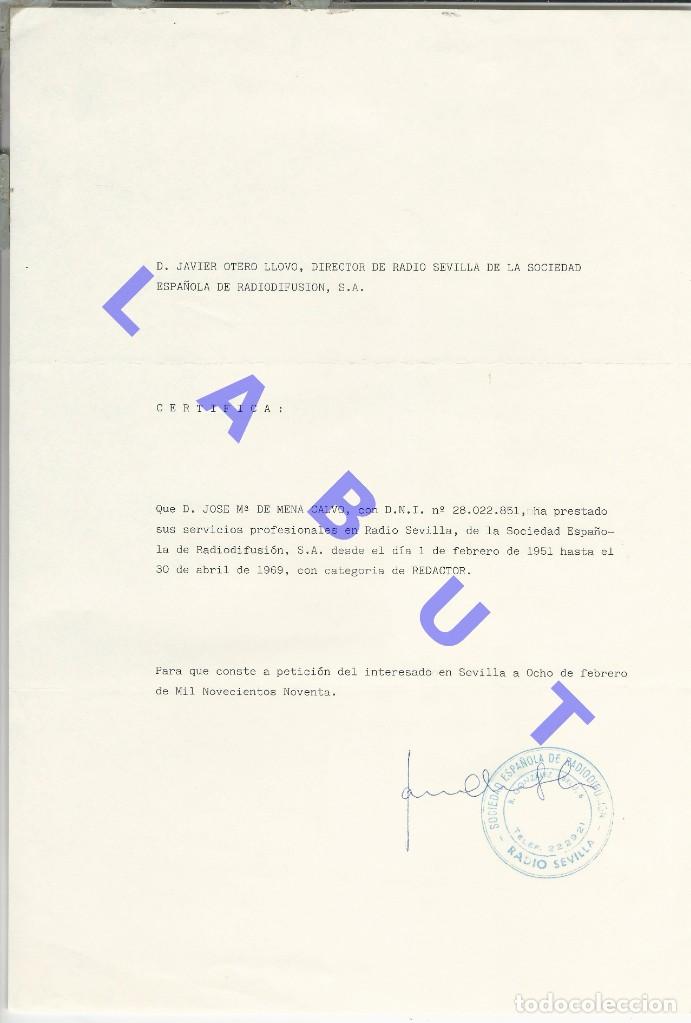 Documentos antiguos: RADIO SEVILLA JAVIER OTERO CERTIFICADO A JOSE MARIA DE MENA 32CM H52