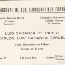 Documentos antiguos: RED NACIONAL DE LOS FERROCARRILES ESPAÑOLES - LOGROÑO - TARJETA COMERCIAL - HORARIO TRENES- 126X80MM