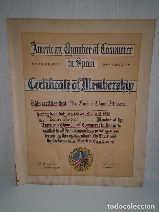 Documentos antiguos: CERTIFICADO DE AMERICAN CHAMBER OF COMMERCE IN SPAIN - A&Ntilde;O 1928.