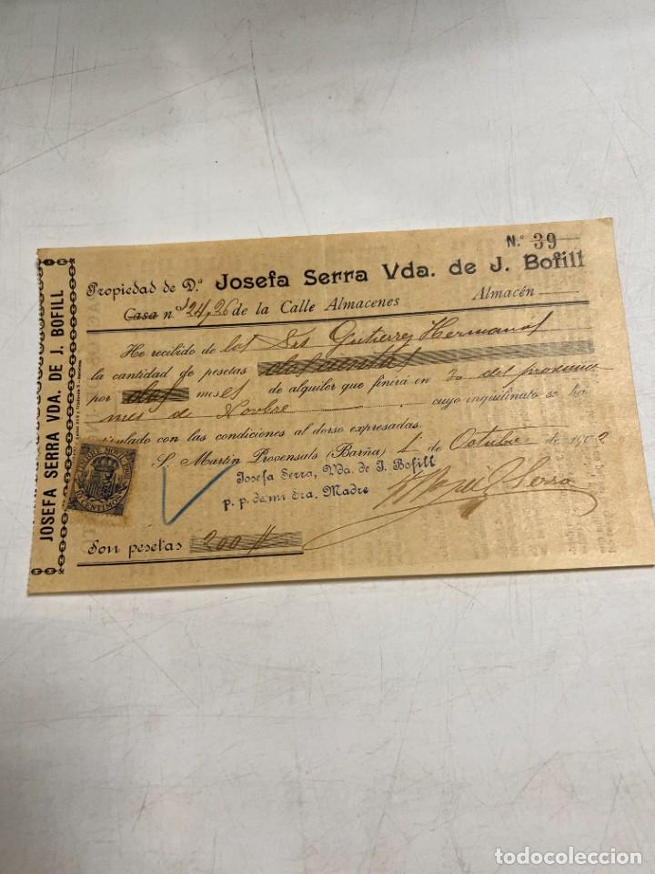 Documentos antiguos: RECIB&Iacute;. JOSEFA SERRA VDA. DE J. BOFILL. 1902. - Foto 1