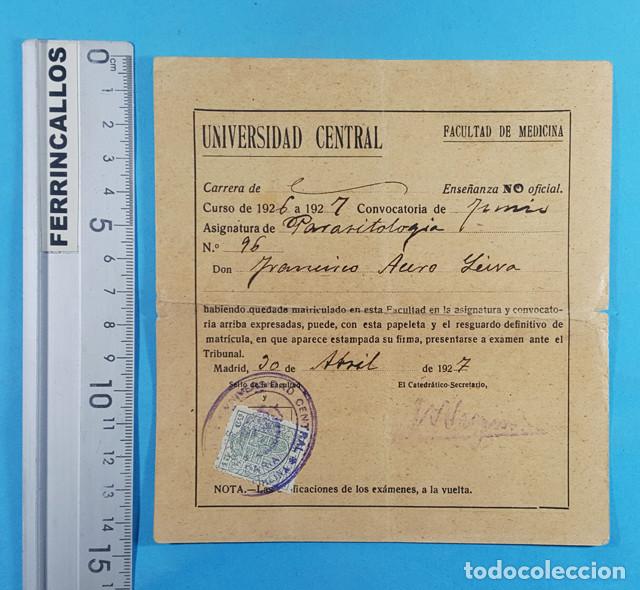 Alte Dokumente: UNIVERSIDAD CENTRAL FACULTAD DE MEDICINA MADRID, PARASITOLOG&Iacute;A, RESGUARDO MATRICULA 1927